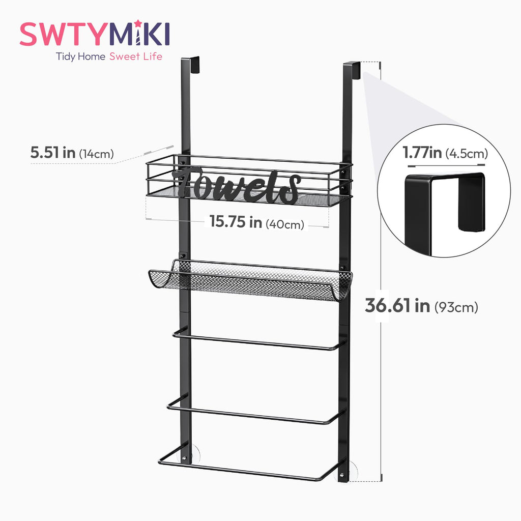 SWTYMIKI Towel Rack for Bathroom - 5 Tier Over Door The Towel Rack Wall Mounted with Metal Shelf, Over Door Towel Holder, Space-Saving Bathroom Storage, Multi-Functional Bathroom Accessories, Black