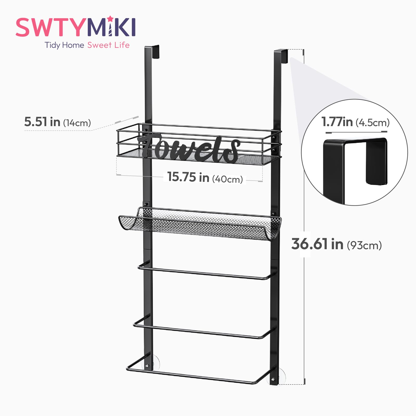 SWTYMIKI Towel Rack for Bathroom - 5 Tier Over Door The Towel Rack Wall Mounted with Metal Shelf, Over Door Towel Holder, Space-Saving Bathroom Storage, Multi-Functional Bathroom Accessories, Black