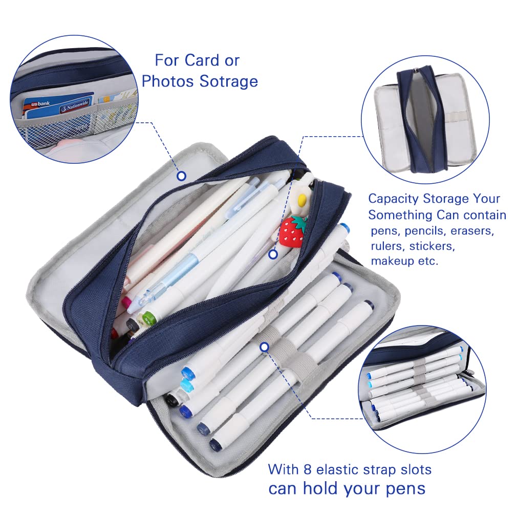 iSuperb Large Pencil Case 3 Compartments Pencil Pouch Big Capacity Pencil Bag Oxford Stationery Storage Pen Bag Cosmetic Makeup Pouch for Women Girls (Navy Blue)