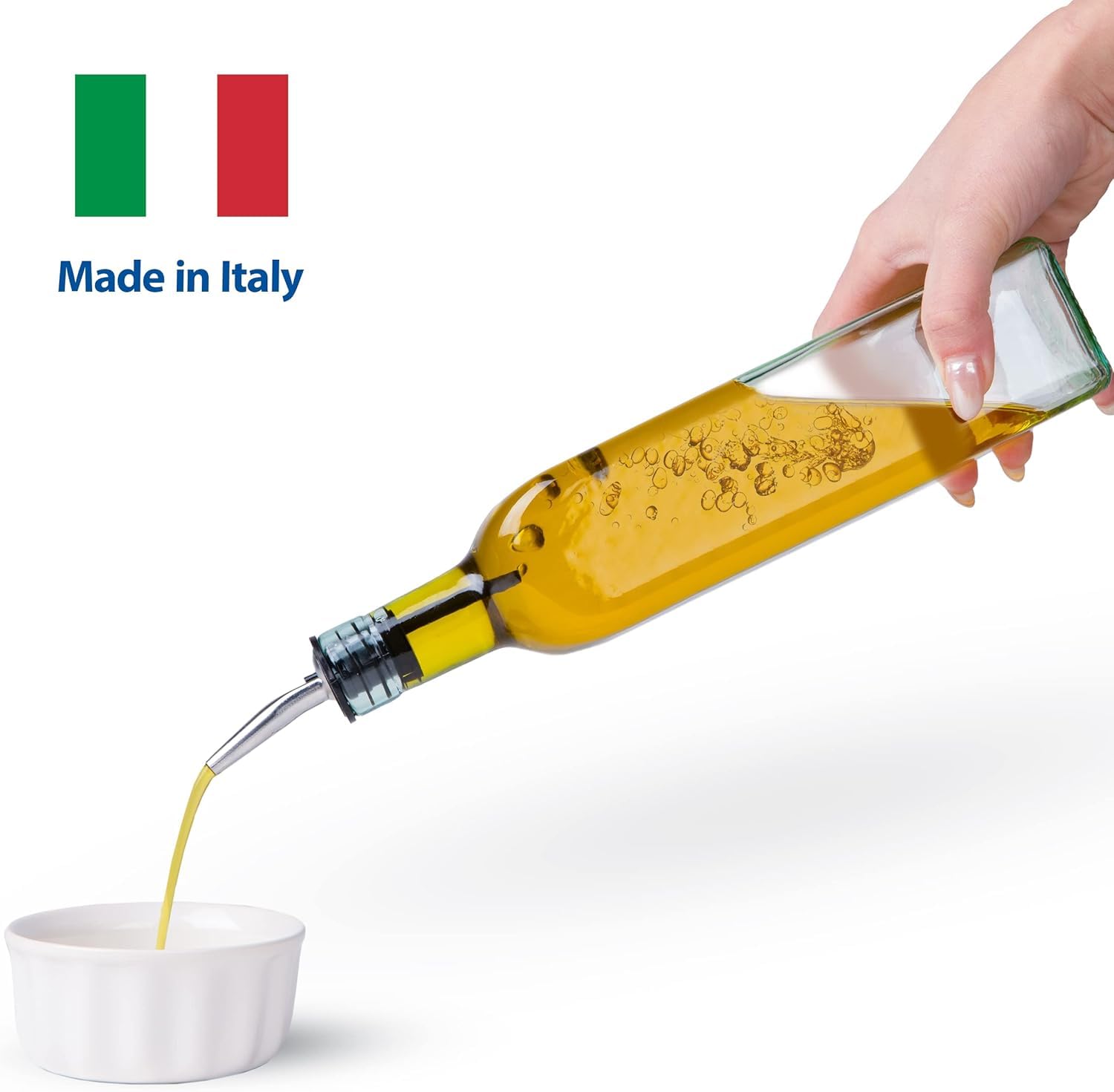 EHOMEA2Z Italian Glass Olive Oil Dispenser Bottle - 16 Oz, Oil and Vinegar Cruet with Stainless Steel Spout for Kitchen, Slight Green Tint (2, 473ml)