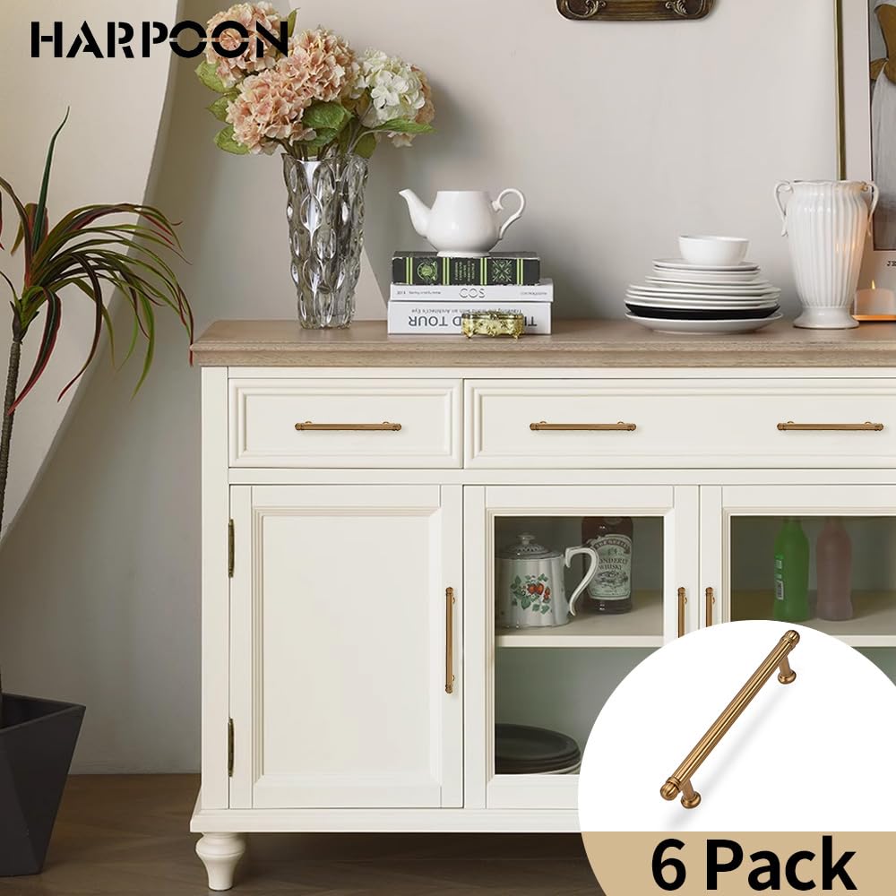 HARPOON 6 Pack Kitchen Cabinet Handles,Vintage Cabinet Bar Pulls, Drawer Handles Classic Home Hardware, 5 inch Hole Center, Champagne Bronze