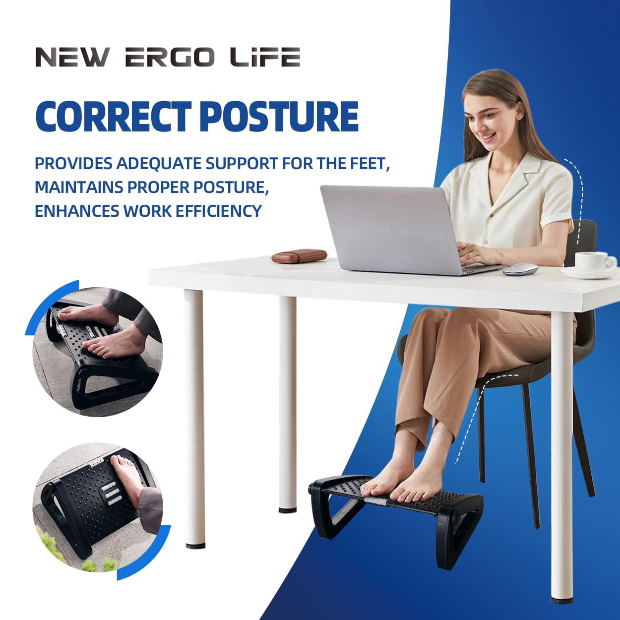 New Ergo Life Adjustable Footrest Under Desk, Comfort Foot Stool at Work, 6-Position Multi-angle Adjustable Foot Pedal, Ergonomic Posture Support, Foot Support for Office and Home (Black)