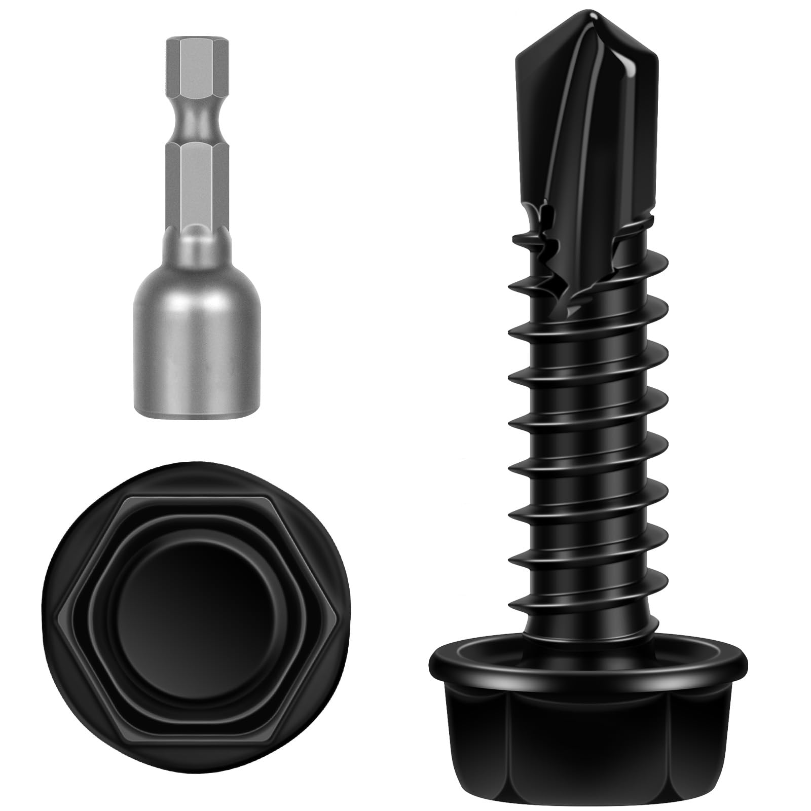 #10 x 1 Hex Washer Head Self Tapping Screws, TEK Screws, Self Drilling, Stainless Steel 410 Sheet Metal Screws, Black Finish, 100 PCS