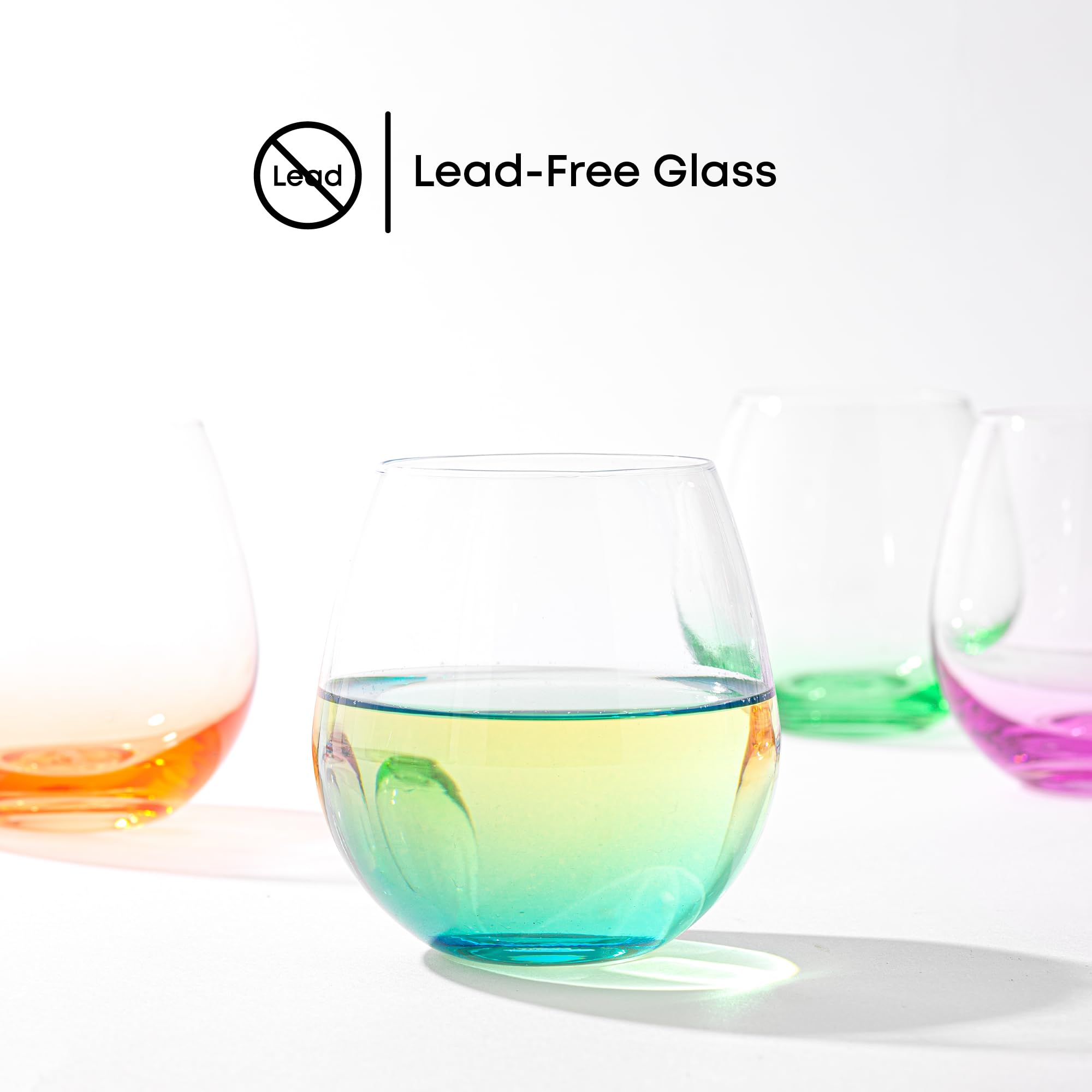 JoyJolt Hue Stemless Wine Glass Set, Large 15 oz Stemless Wine Glasses Set of 6 for White Red or Water, Short Glass Tumblers, No Stem Margarita Glasses, Colored Tumbler