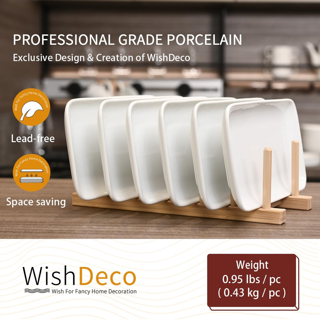 WishDeco Small Rectangle Serving Platters Set of 6, Ceramic Serving Dishes 9 inch / 23 cm, White Serving Tray for Salad, Dessert, Sushi, Party, Side Dish