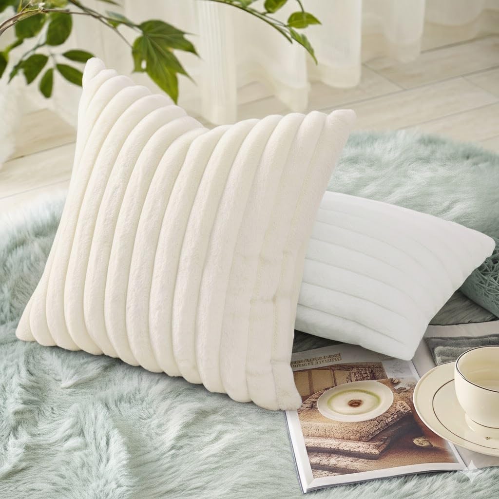 decorUhome Cream White Throw Pillow Covers 18x18 Inch Set of 2, Faux Fur Velvet Decorative Pillow Covers, Fuzzy Striped Cushion Covers Pillow Cases for Sofa Couch, Living Room Home Decor