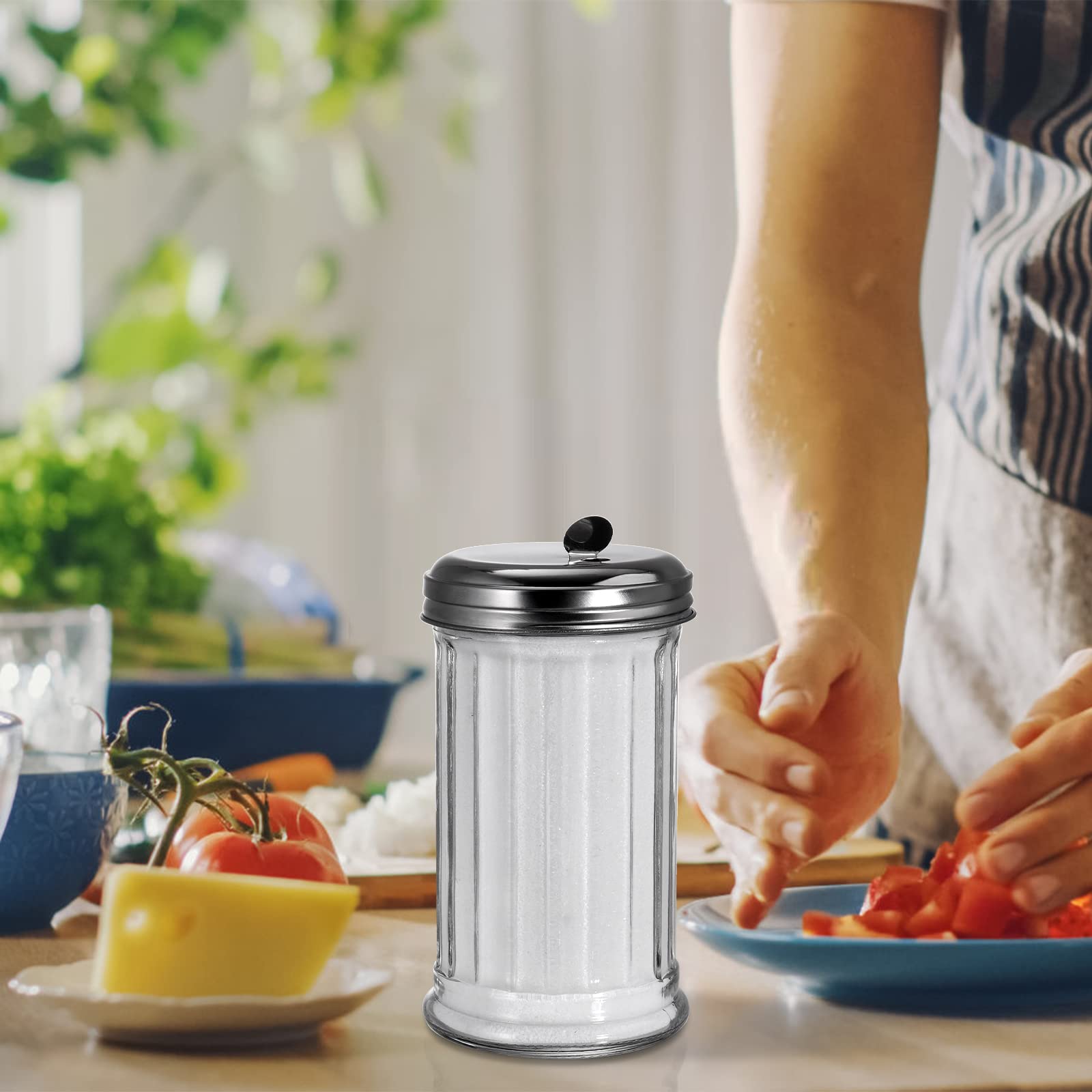 Tebery 2 Pack 12OZ Glass Sugar Dispenser/Pourer/Shaker with Stainless Steel Pour-Flap Lid, Retro Style