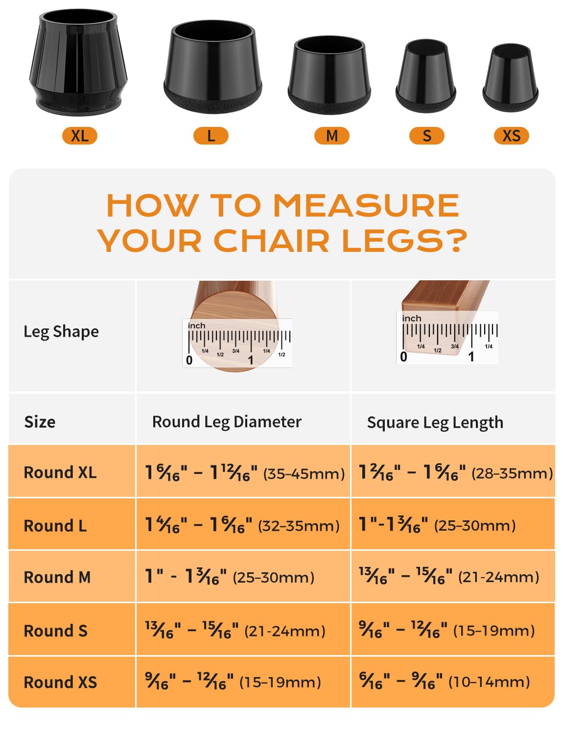 24 PCS Silicone & Felt Chair Leg Floor Protectors for Hardwood Floors - Furniture Pads, Chair Leg Covers/Cups - No Noise & Scratch-Proof - Round XS (Fits 9/16" to 12/16" / 15-19mm), Black