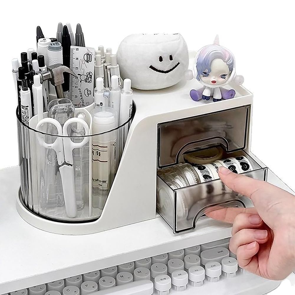 Rotating Desk Organizer, Large Capacity Cosmetic Display Case with Drawer, 360-Degree Rotating Pen Holder, Art Supply Storage Box Caddy for Office and Home