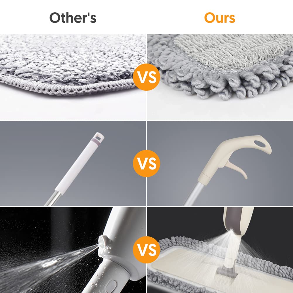 MEXERRIS Spray Mops for Floor Cleaning - Wet Dry Dust Kitchen Floor Mop with 410ML Refillable Bottle 360°Rotatable Hardwood Mop for Laminate Wood Tiles 3 Microfiber Reusable Pads and 1 Scrubber