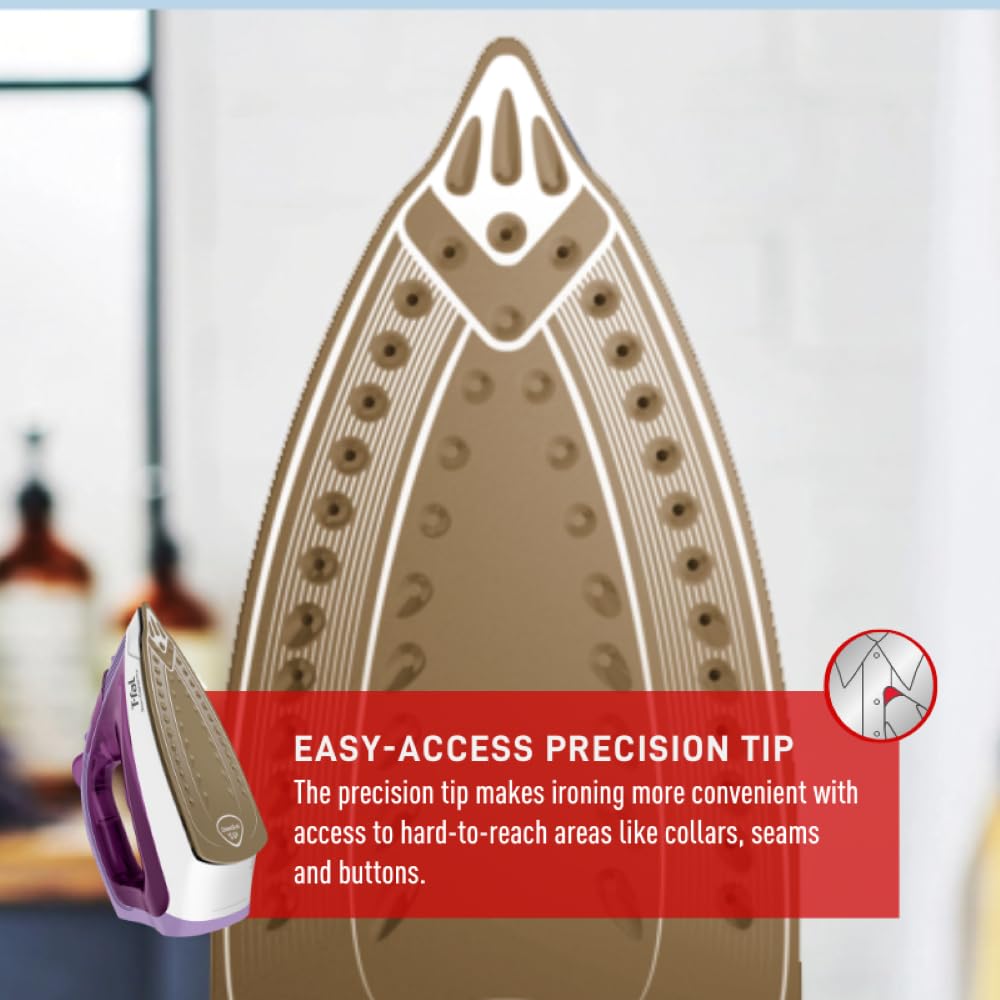 T-fal Steam Essential Plus Ceramic Soleplate Steam Iron for Clothes Eco-Friendly with Steam Trigger 1200 Watts Ironing, Programmable Steaming, Purple