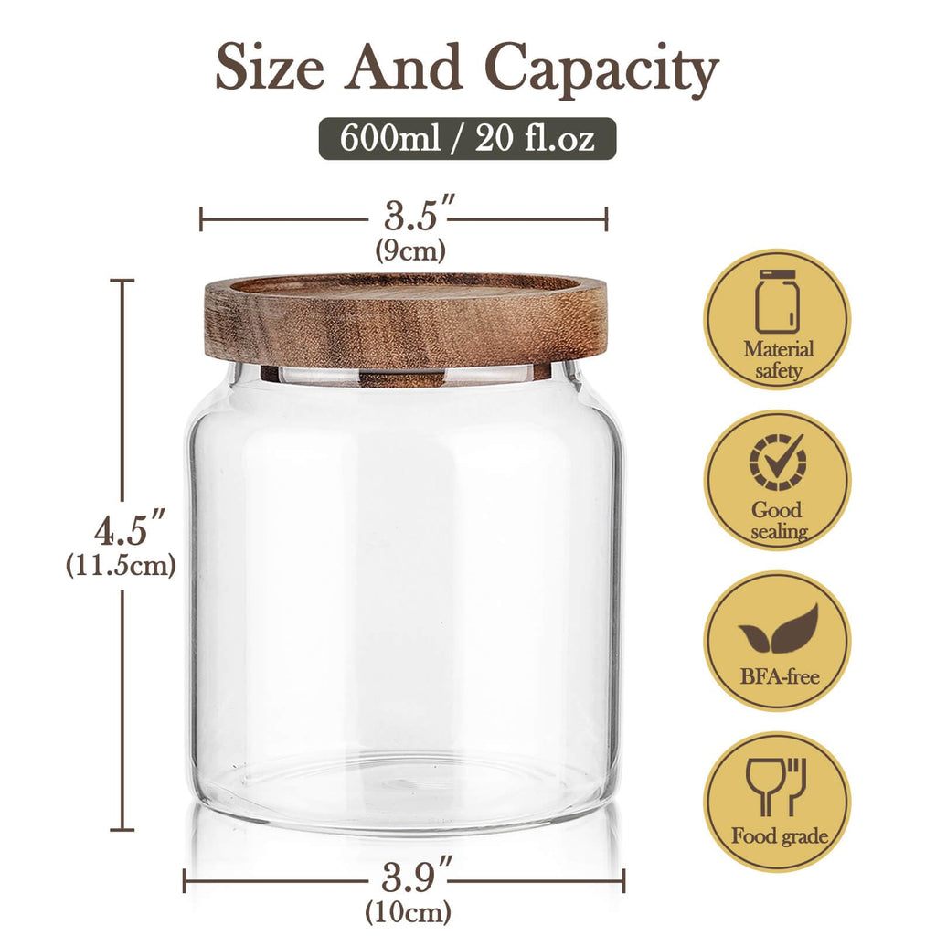 Labina Glass Storage Container Airtight Food Jars Kitchen Canister with Wood Lids, 20 Oz Wide Mouth Pantry Organization Glass Jar for Flour, Sugar, Cookie, Spagetti, Nuts and Candy (2 Pack)