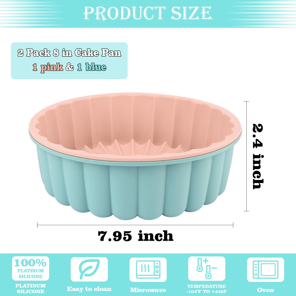 HUAKENER 2 Pcs Charlotte Cake Pan, 8 Inch Round Cake Pan, Nonstick Silicone Cake Molds for Cheese Cake, Chocolate Cake, Rainbow Cakes, Strawberry Shortcake, Brownie Tart Pie, Bule and Pink