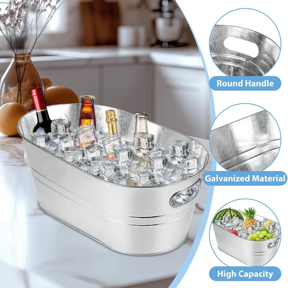 2 Pack Galvanized Tub Beverage Tubs, 4 Gallon Large Ice Buckets with Carry Beer Drink Storage Cooler Metal Beverage Ice Tub, for Parties and Cocktail Bar Mimosa Bsupplies