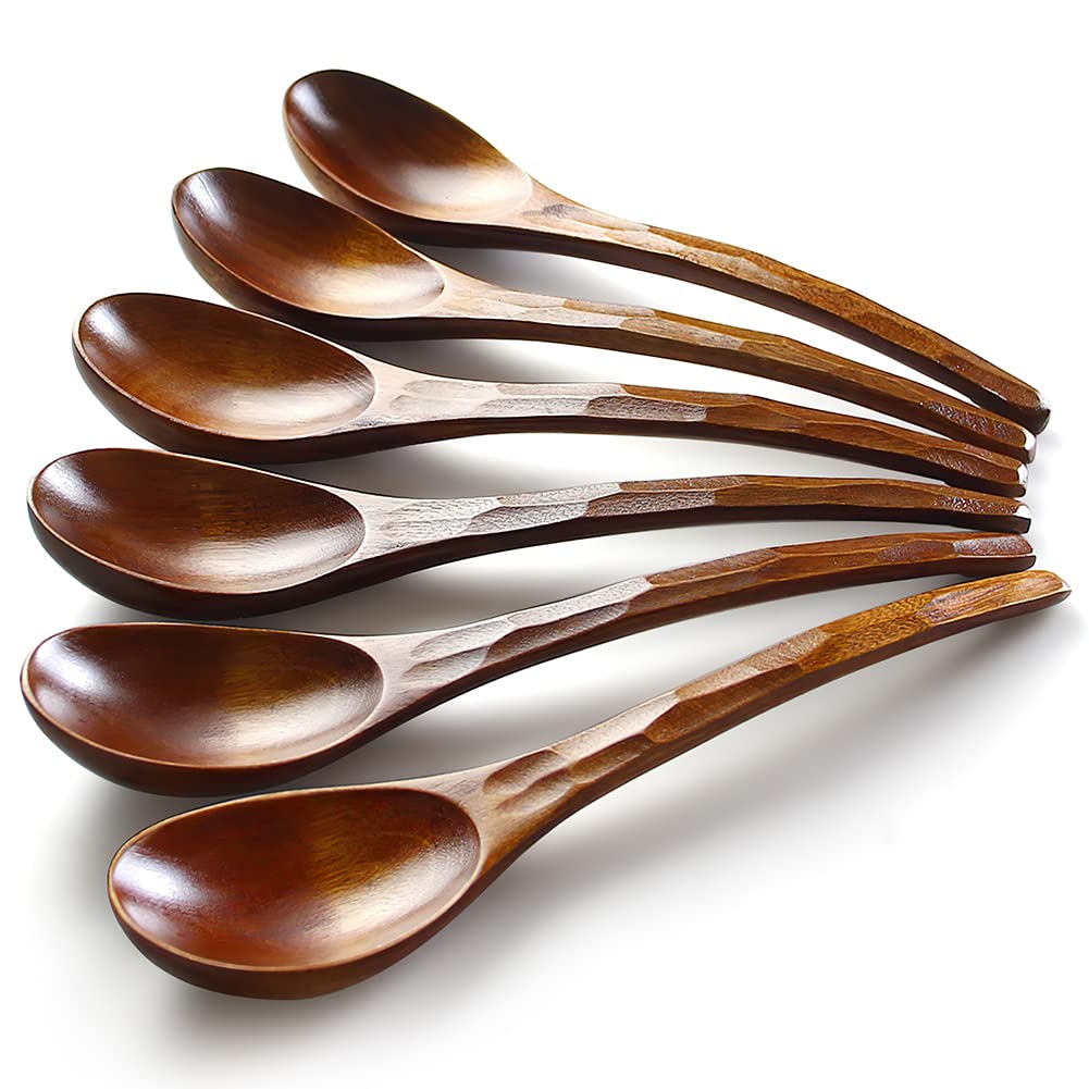 AOOSY Soup Spoons, 6 Pieces 7.84 inches Japanese Ramen Spoons Round Nanmu Wood Long Handle Rice Dessert Cooking Tasting Dinner Table Spoon for Kitchen Restaurant