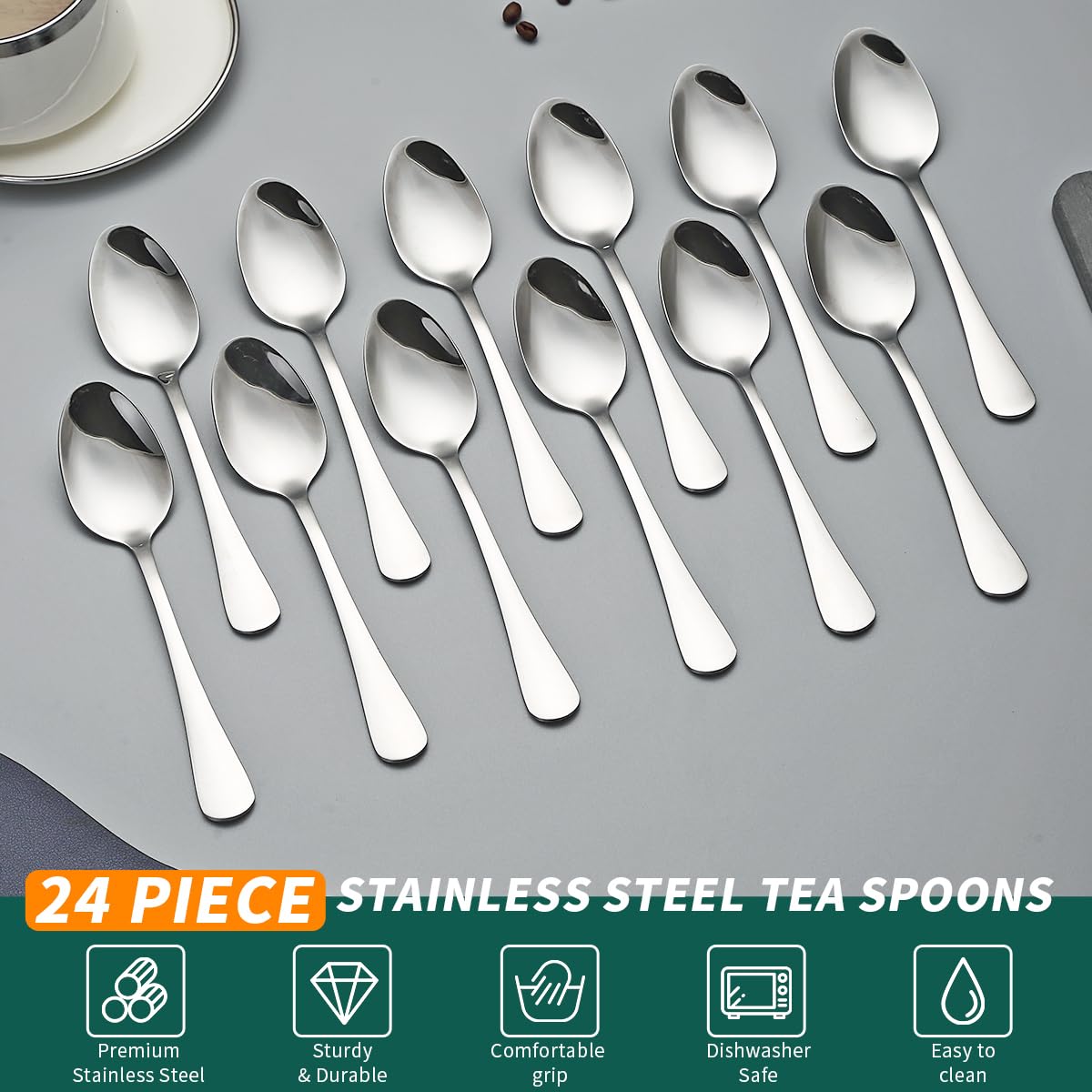 Evanda Teaspoons 24 Pieces 14cm, Stainless Steel Tea Spoon Coffee Spoons Dessert Spoons, Cutlery for Tea, Coffee, Cake, Dessert, Dishwasher Safe