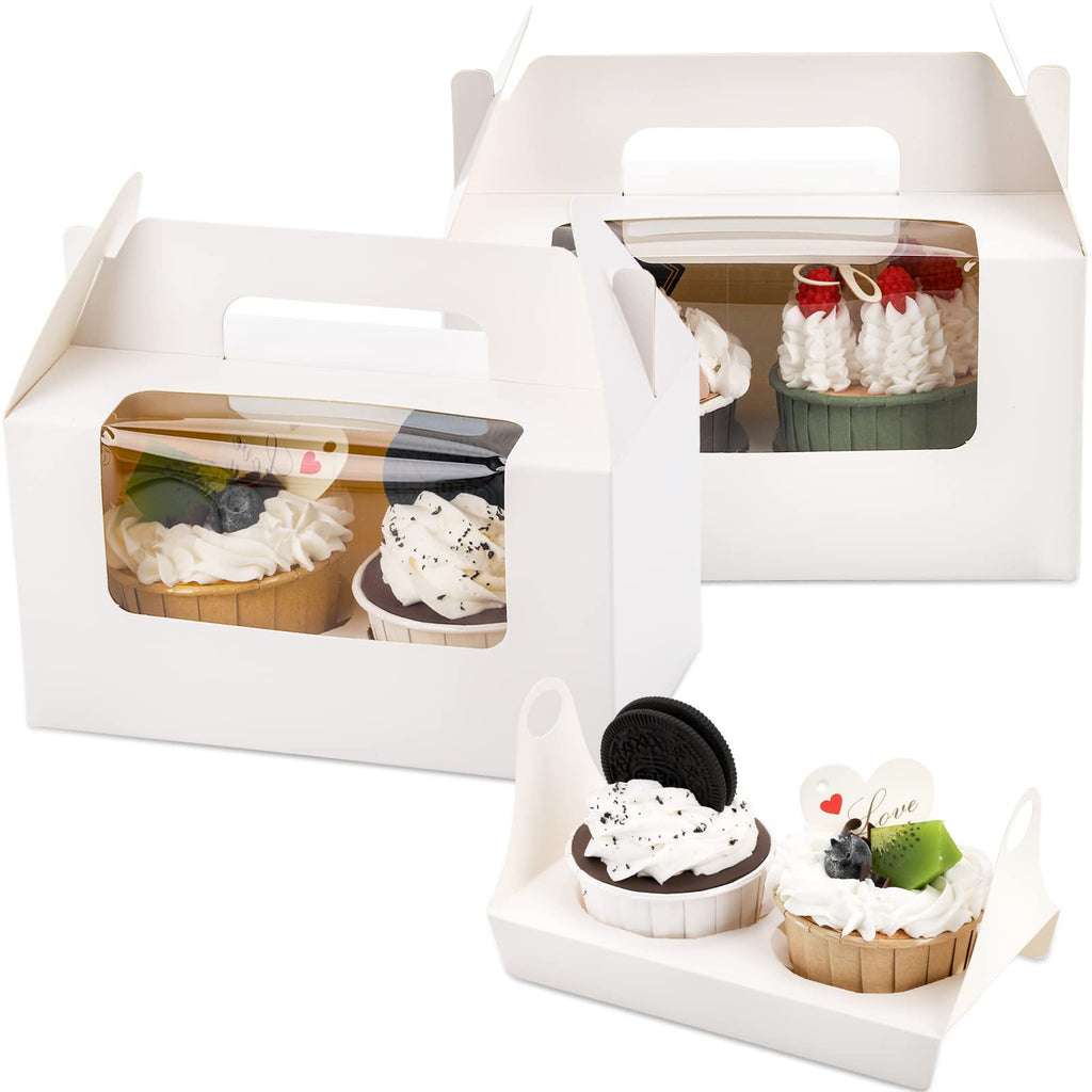 Jucoan 60 Pack 2 Count White Paper Cupcake Boxes with Insert, Handle and Window, Portable Cupcake Muffin Containers, Gable Bakery Gift Boxes Party Favor Treat Boxes for Wedding Birthday Baby Shower