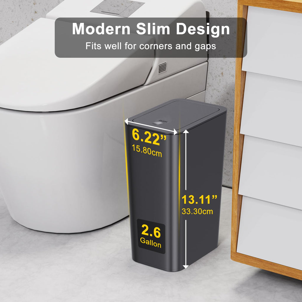 3 Pack 10 Liter Bathroom Trash Can with lid, 2.6 Gallon Kitchen Trash Can,Small Garbage Can Slim Compost Bin Waste Basket for Bathroom,Kitchen,Bedroom,Living Room,Office,Laundry - Black