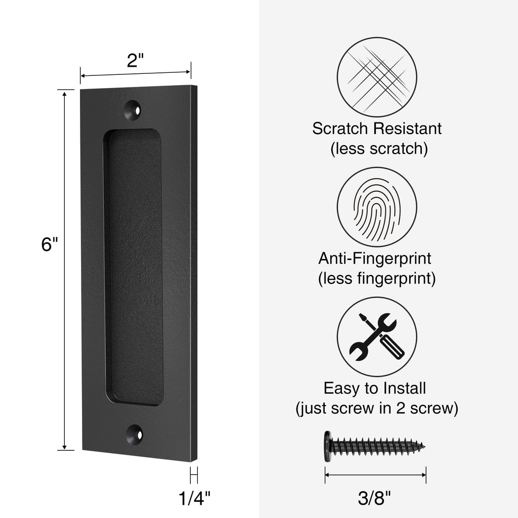 Sliding Barn Door Handle Set | 6 Inch Finger Flush Pulls for Closet Pocket & Cabinets Doors | Pull Recessed Handle Rectangular Plate | Matte Black Finish | Mounting Hardware Included