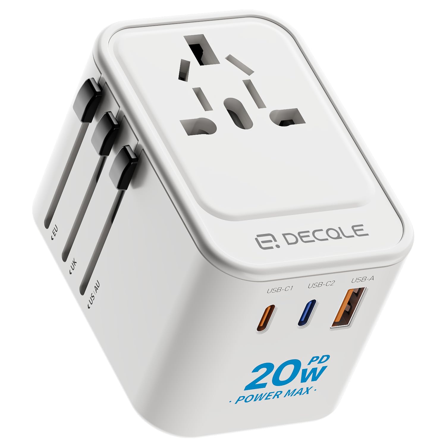 decqle Universal Travel Adapter, International Travel Plug Adapter with 2 USB-C(PD 20W) ＆ 1 USB-A Ports, All in One Portable Adaptor, for USA, UK, EU, AU ＆ 224+ Countries (White)