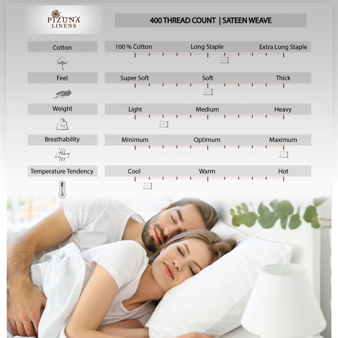 Pizuna Cotton Pillow Cases Queen Size 2 Pack White, 400 Thread Count 100% Long Staple Combed Cotton Sateen Weave Pillowcase with Stylish 10 cm Hem (100% Cotton Queen Pillow Covers White)