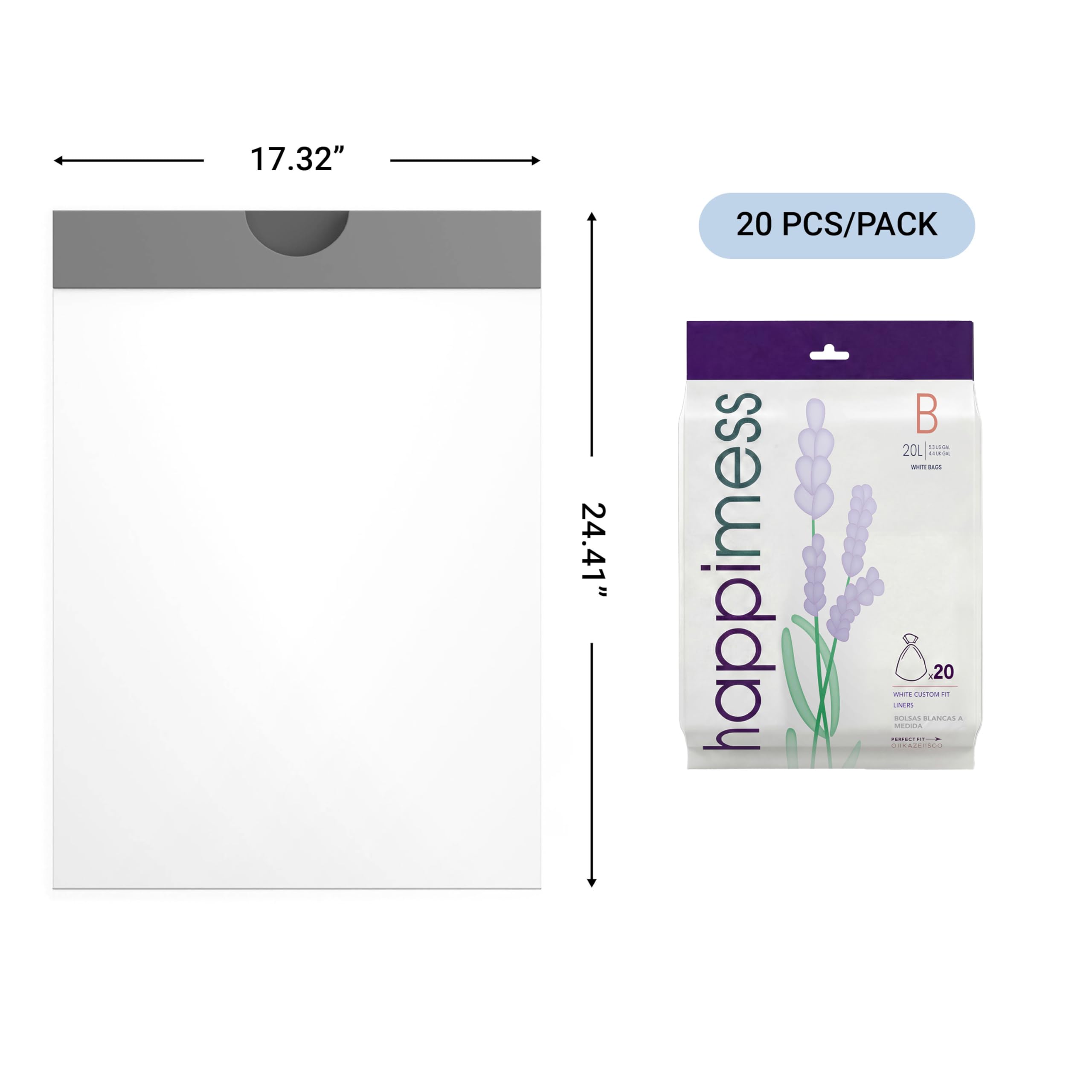 happimess HPM3101B-WHITE 5.3-Gallon Lavender Scented Drawstring Trash Can Liner, White (60-Count, 3-Packs of 20 Liners)