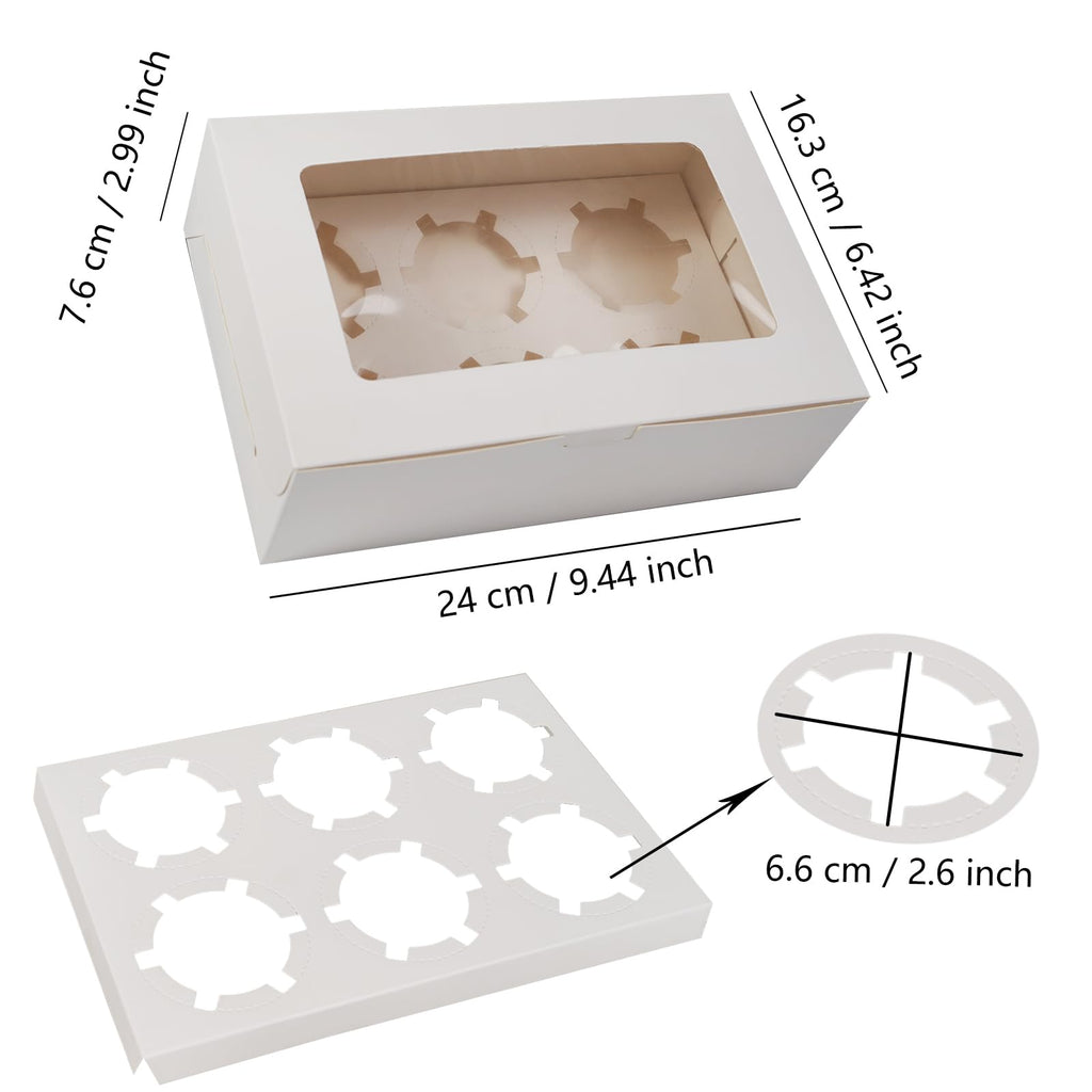 TATAPO 60 Pack Cupcake Boxes with Inserts, White Kraft Paper Cupcake Box with Window Hold 6 Standard Cupcakes, Bakery Cake Pastry Holder with Ribbon for Cookie Muffins Pastry