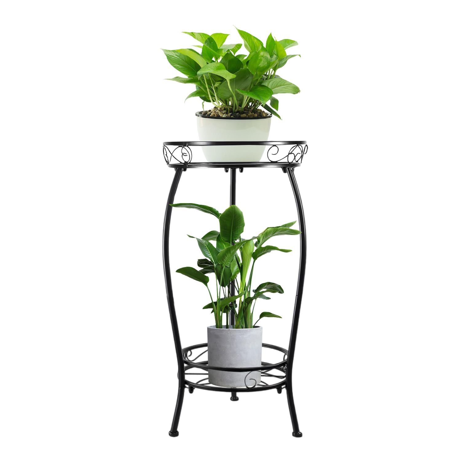 ILIYAH Metal Plant Stand Indoor - 2-Tier Metal Round Shelf Plants Stand, Space-Saving 27″ Indoor Plant Stand for Home Décor (Black)