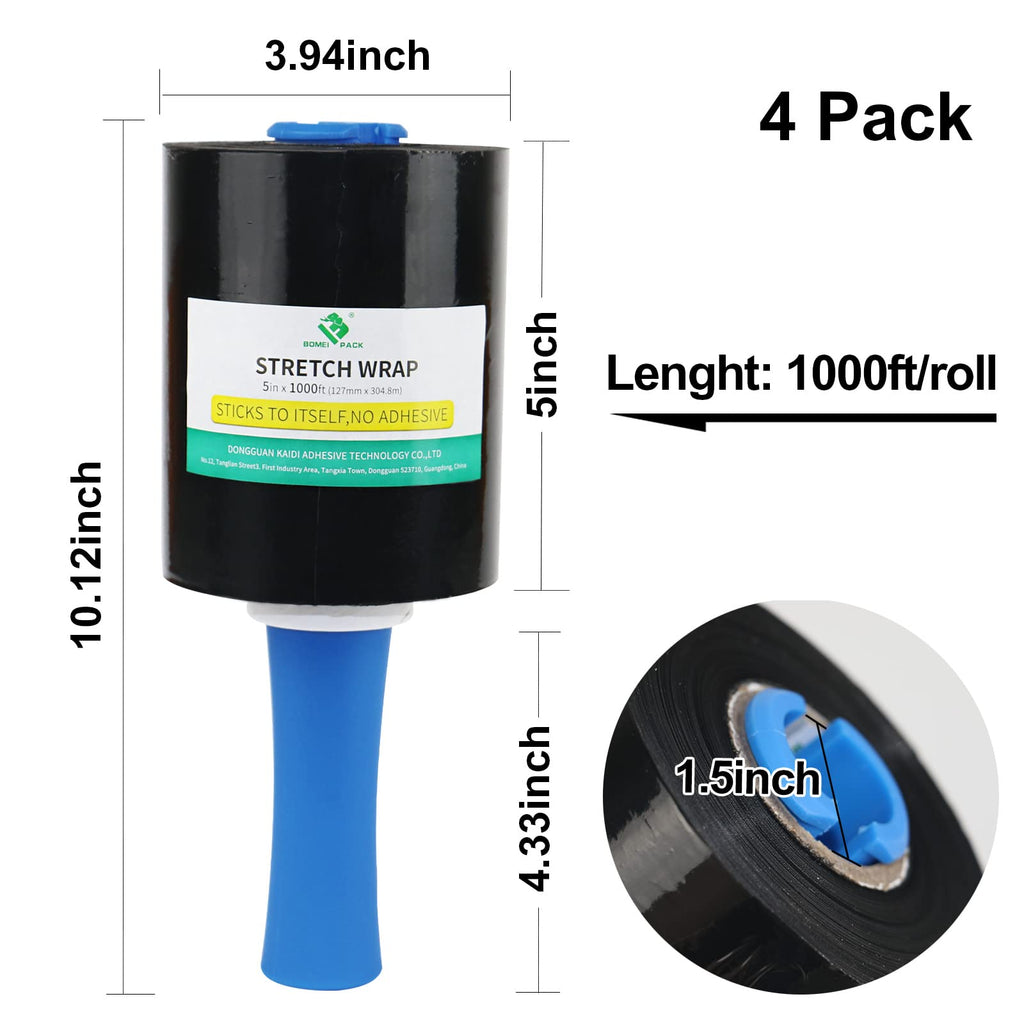 BOMEI PACK Black Stretch Wrap Film Roll, Plastic Shrink Wrap for Moving 5 inch x 1000 ft, 4 Packs with 1Plastic Handle