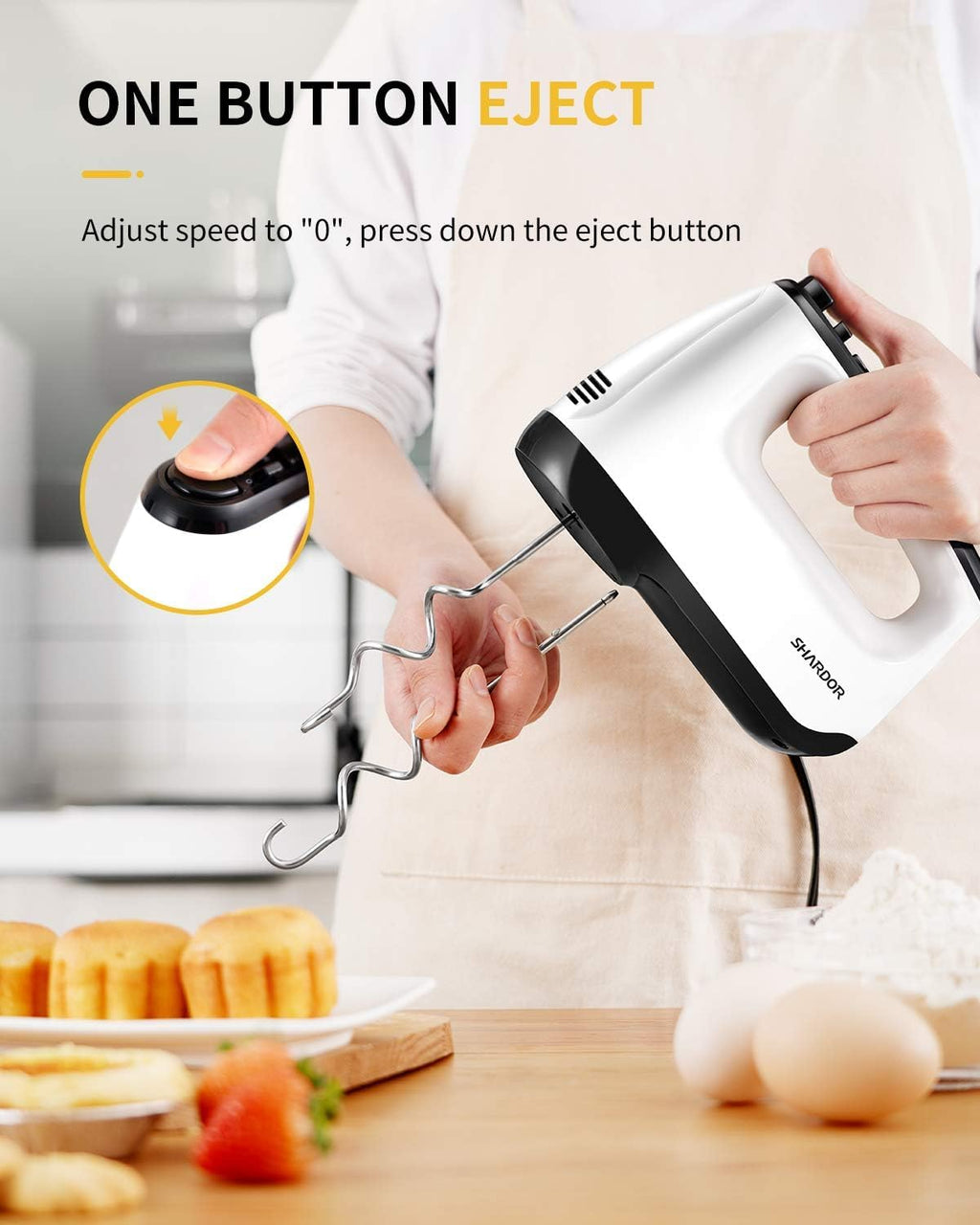 SHARDOR Hand Mixer Electric 6 Speed & Turbo Electric Mixer Handheld Snap-On Storage Case, 5 Stainless Steel Accessories Mixers for Baking, Whipping, Mixing Cookies, Brownie, Cakes Dough, Batters White