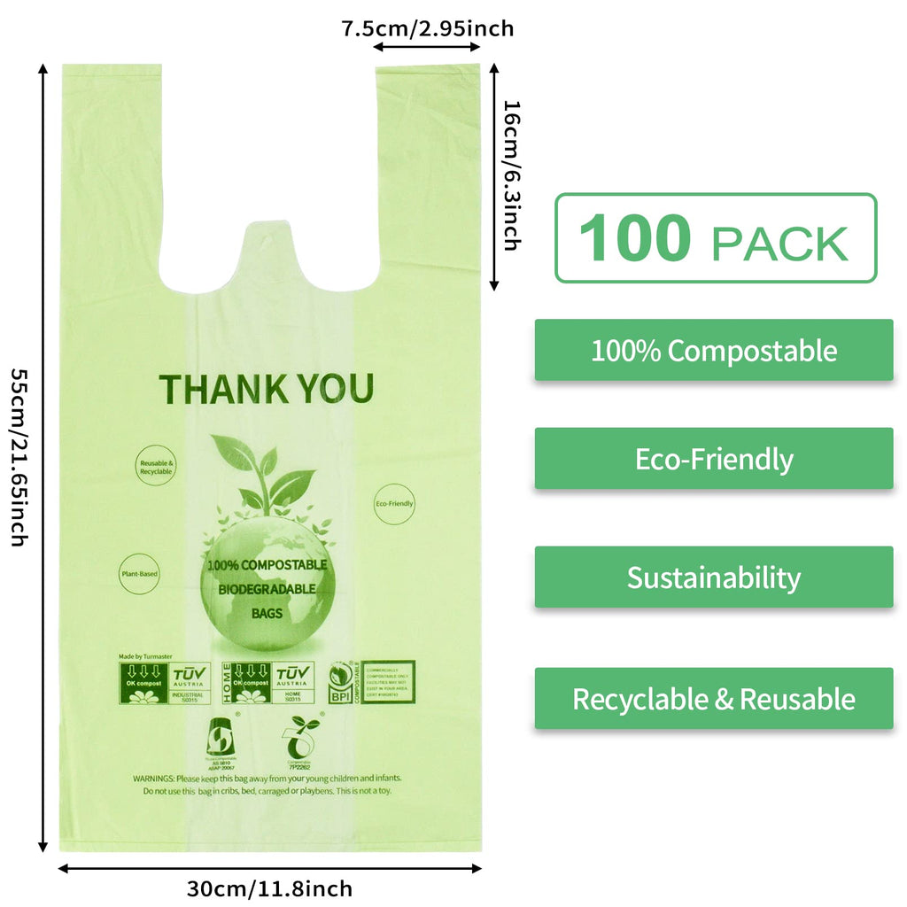 100% Certified Compostable Grocery Bags Biodegradable T-Shirt Bags Recyclable Thank You Shopping Bags Eco Friendly takeout Reusable Bags, Great for On The Go, Farmers Markets,100 Count
