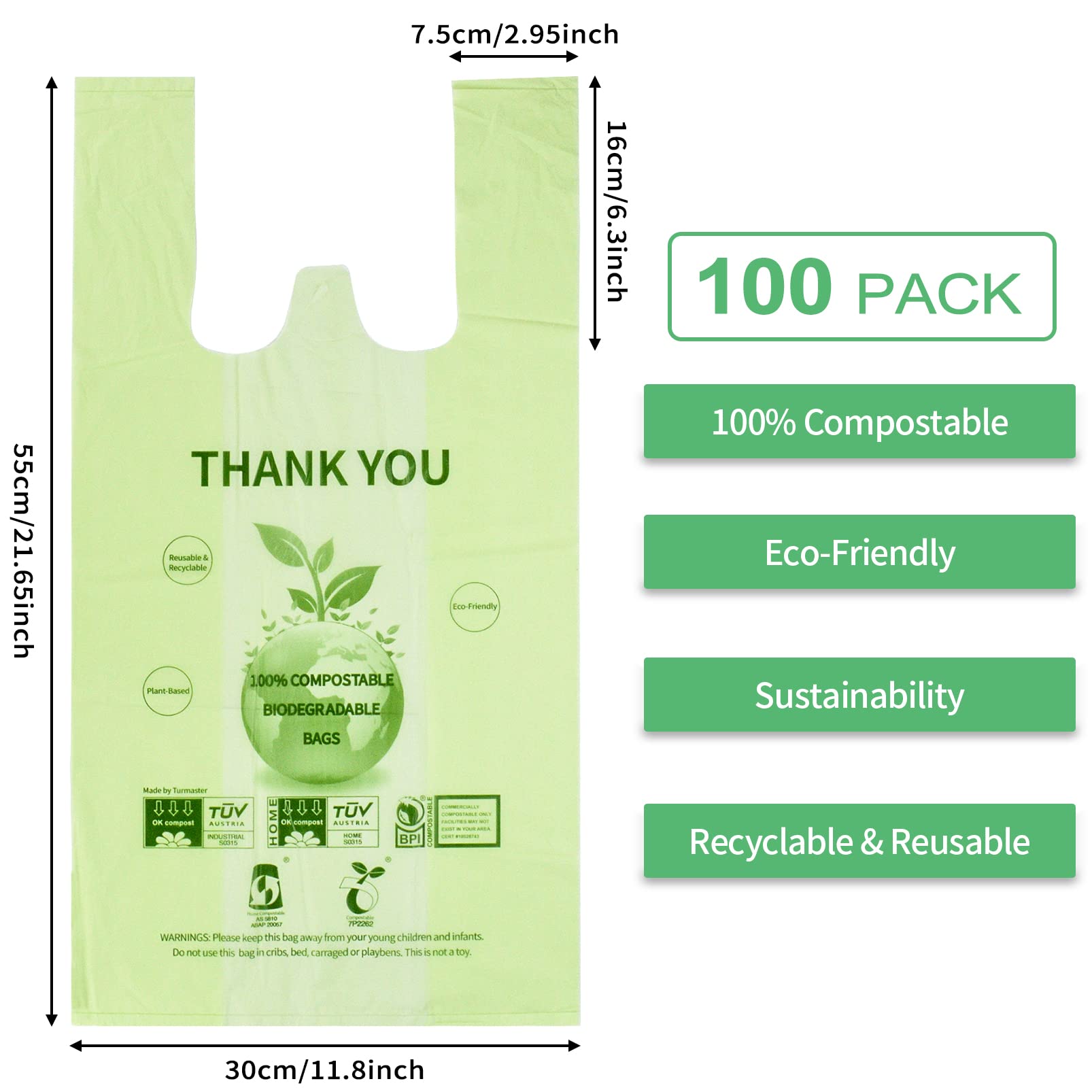 100% Certified Compostable Grocery Bags Biodegradable T-Shirt Bags Recyclable Thank You Shopping Bags Eco Friendly takeout Reusable Bags, Great for On The Go, Farmers Markets,100 Count