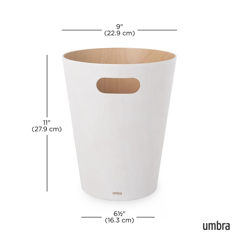 Umbra Woodrow 2-Gallon Modern Wooden Trash Can Wastebasket, Attractive Bin for Garbage or Recycling, Suitable for Home or Office, White/Natural