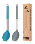 Pack of 2 Large Silicone Cooking Spoon, Non Stick Solid Basting Spoons,Heat-Resistant Kitchen Utensils for Mixing, Serving (Gray-Blue)