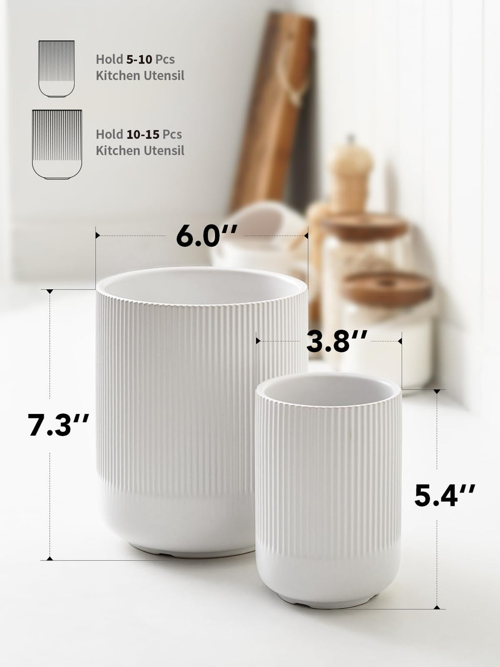 LE TAUCI Utensil Holder, Set of 2, 7.3"+5.4" Ceramic Kitchen Utensil Holder for Counter, Large Cooking Utensil Crocks for Kitchen Decor, Morden Utensil Organizer for Spatula, White