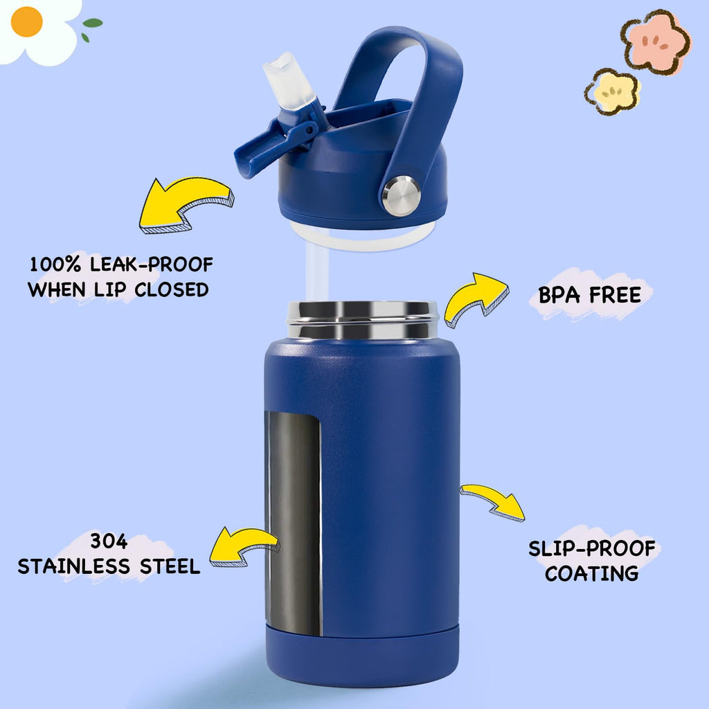 Kerilyn 12oz Kids Insulated Water Bottle, Leak-Proof Toddler Cup with Straws Lids, Kids Water Bottles for School Boys Girls, Stainless Steel Vacuum Insulated Bottle for Kid, BPA Free, Blue
