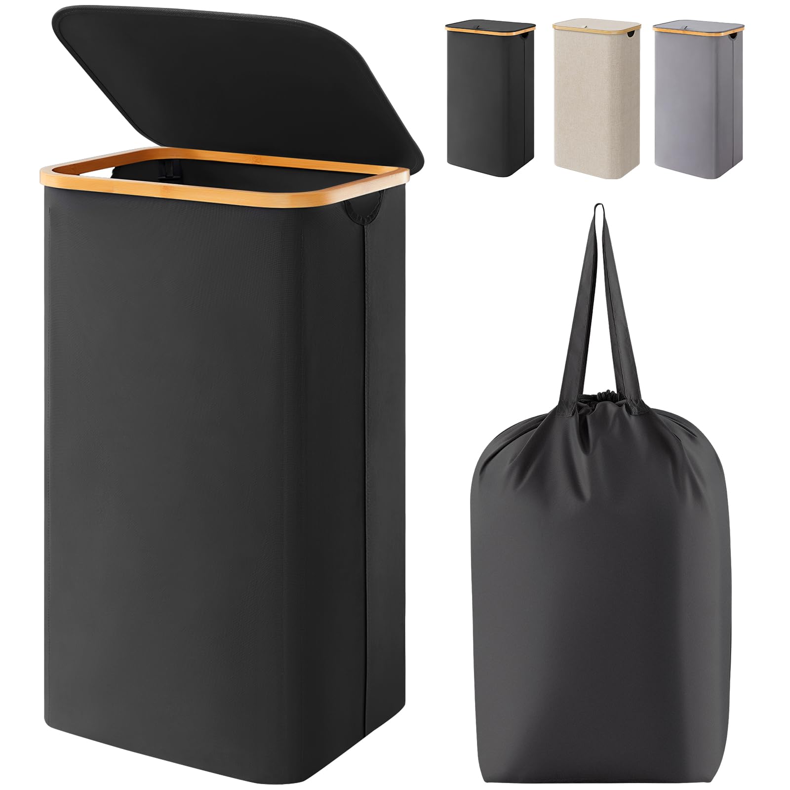 Lifewit Large Laundry Basket with Lid, Collapsible Laundry Hamper with Removable Laundry Bag, Tall Clothes Storage Laundry Bin with Bamboo Handles for Bedroom, Bathroom, Laundry Room, Black, 100L