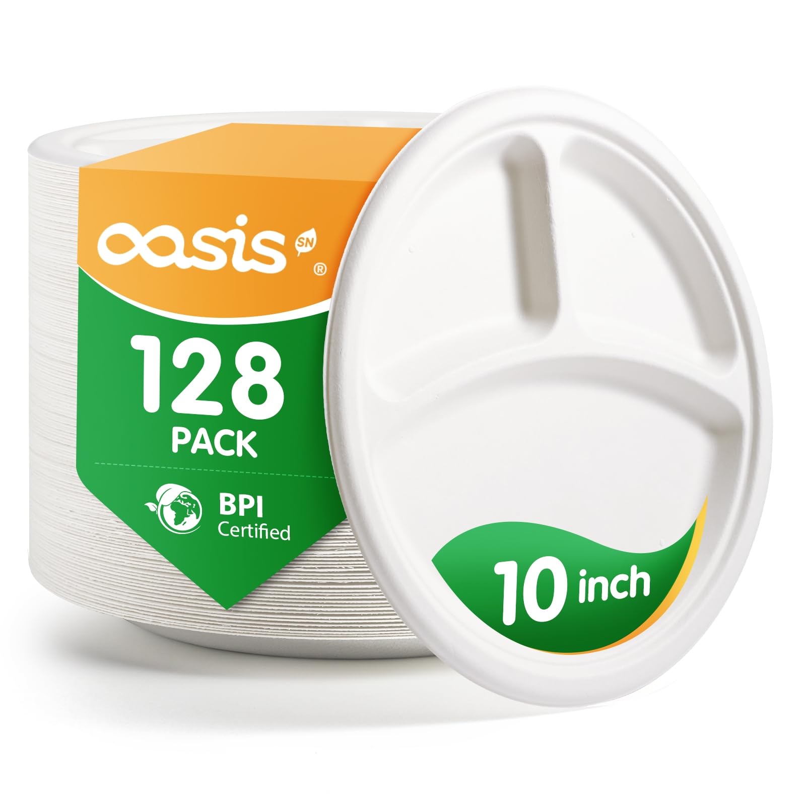 OasisSN [10 inch, 128-PACK] 3-Compartment Disposable Paper Plates, Compostable Heavy-Duty Divided Plates for Meal Prep, School Lunches & Party Buffets (White)
