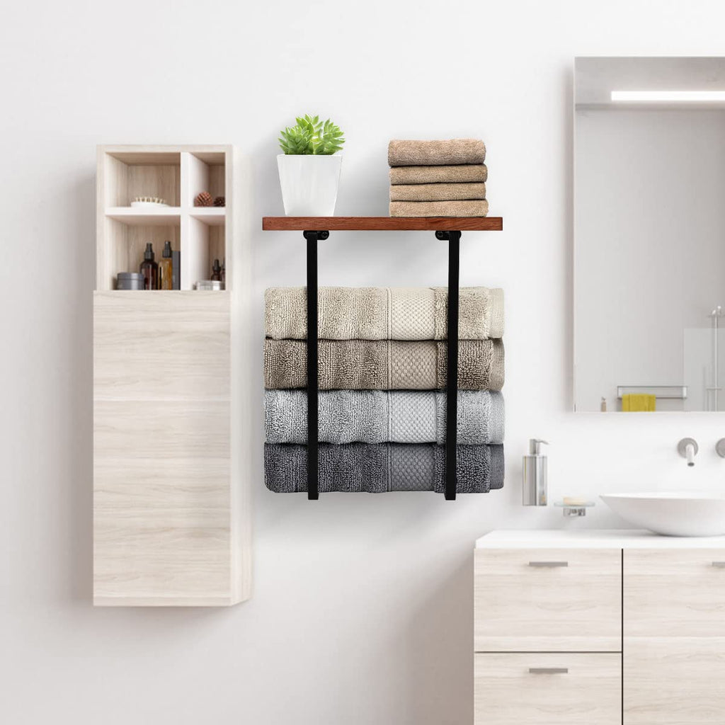 DAZUINIAO Towel Racks for Bathroom Wall Mounted Towel Rack with Wooden Shelf Towel Holder for Rolled Towels Metal Towel Storage Black