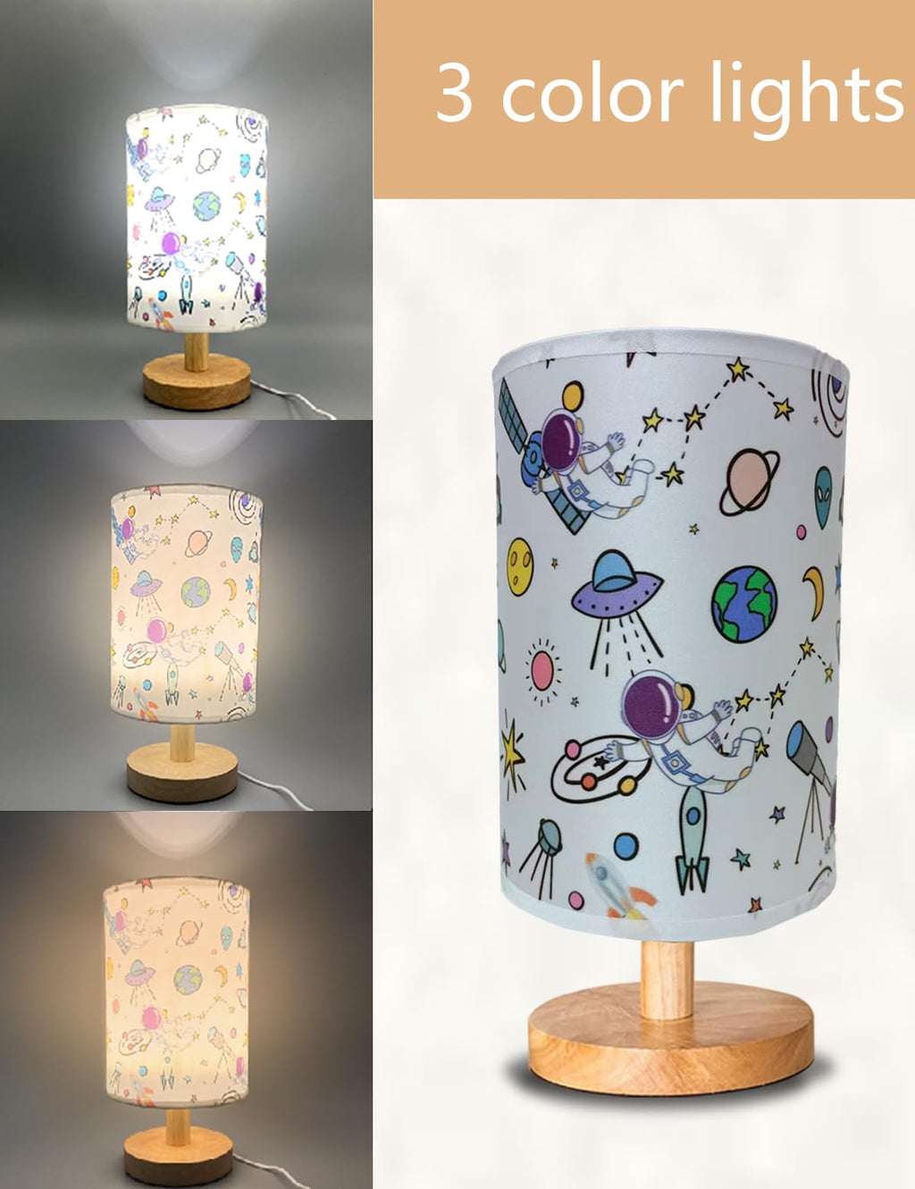Astronaut Kids Table Lamp, Astronauts Room Decor for Boys,3 Level Dimmable Wood Nightstand Desk Base Flaxen Fabric Shade for Bedroom Living Room,Astronauts Gifts for Boys (cosmonaut)