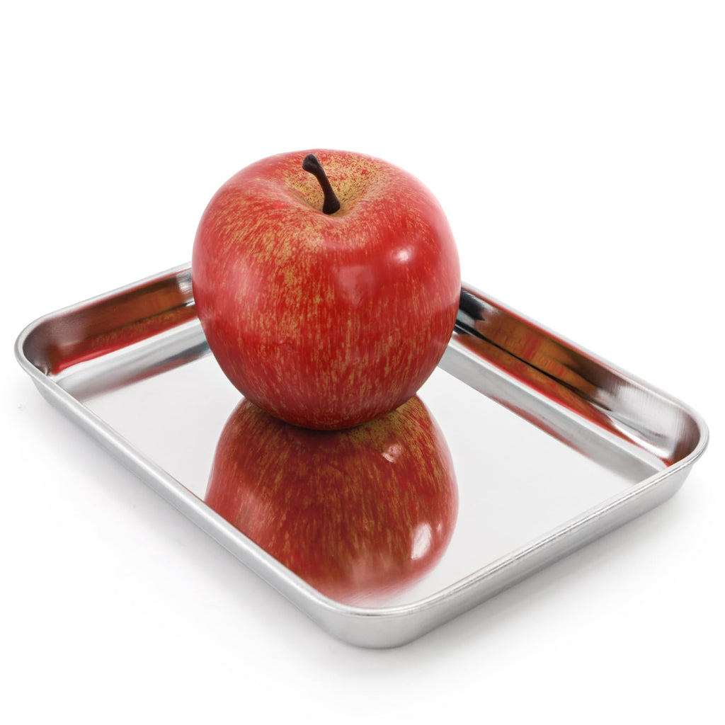 Lyellfe 6 Pack Small Stainless Steel Plates, 7''L x 5''W Mini Metal Food Tray Plate, Portable Size Baking Sheets for Oven, Food Safe Smooth Polished for Picky Eaters, Campers, Hand Project