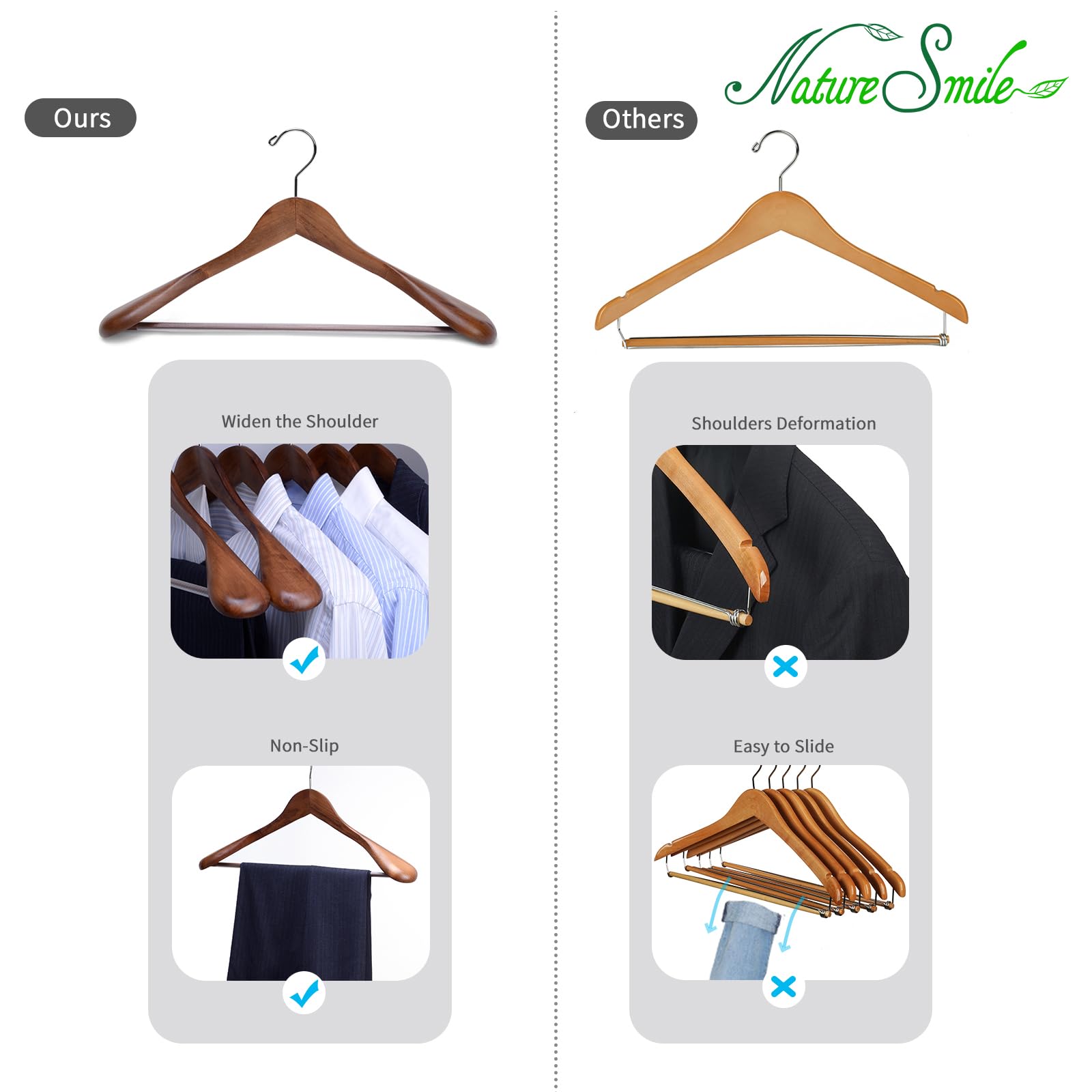 Nature Smile Luxury Wooden Suit Hangers 6 Pack Wood Coat Hangers Jacket Outerwear Shirt Hangers,with Extra-Wide Shoulder, 360 Degree Swivel Hooks & Anti-Slip Bar with Screw(Retro Color)