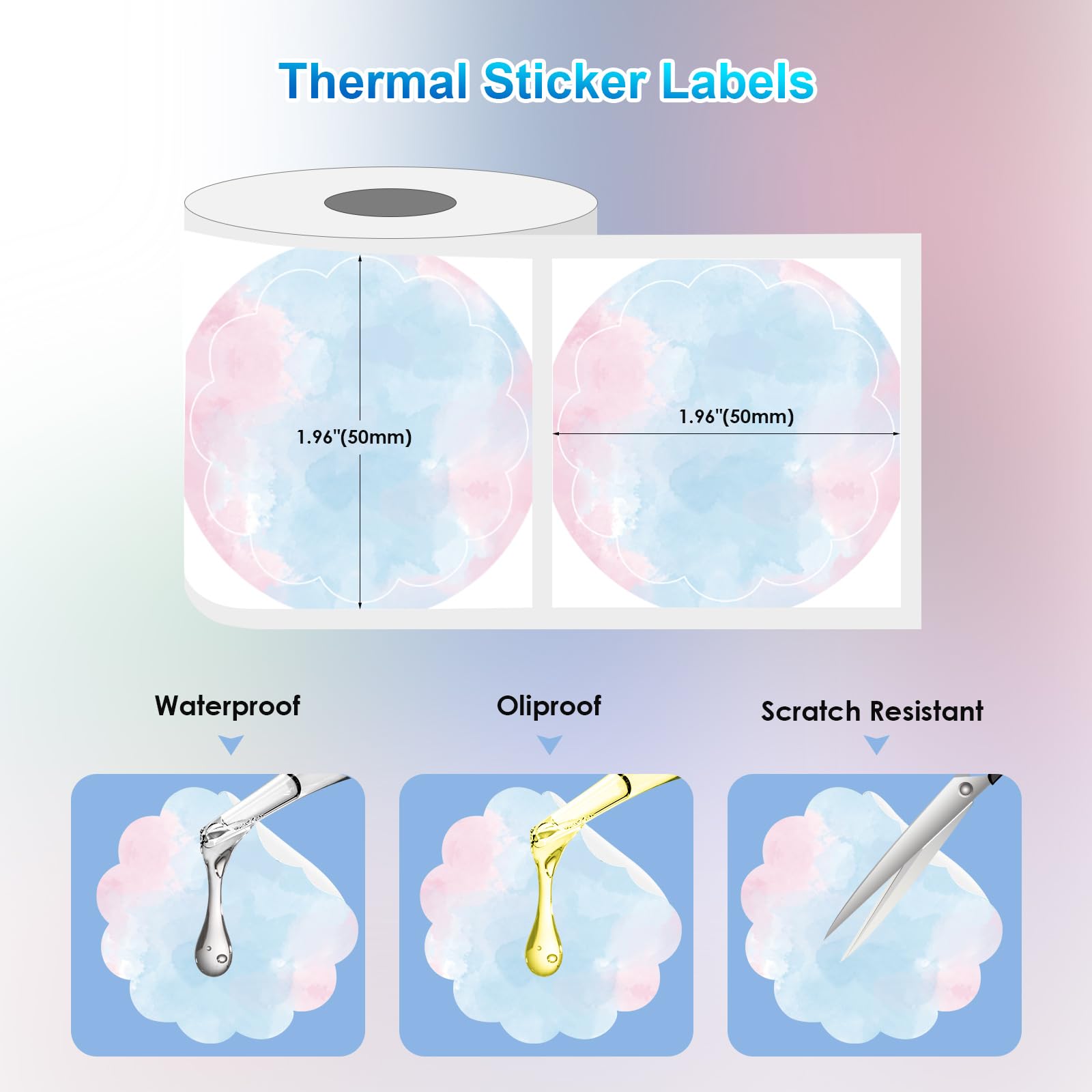 3 Rolls Sticker Thermal Labels for Phomemo M110 M220 M221 M120 M200 Label Maker Printer 50x50MM Gradient Colorful Flower Edge Waterproof Labels Paper for DIY,Design,Address,Price,Name (140/Roll)