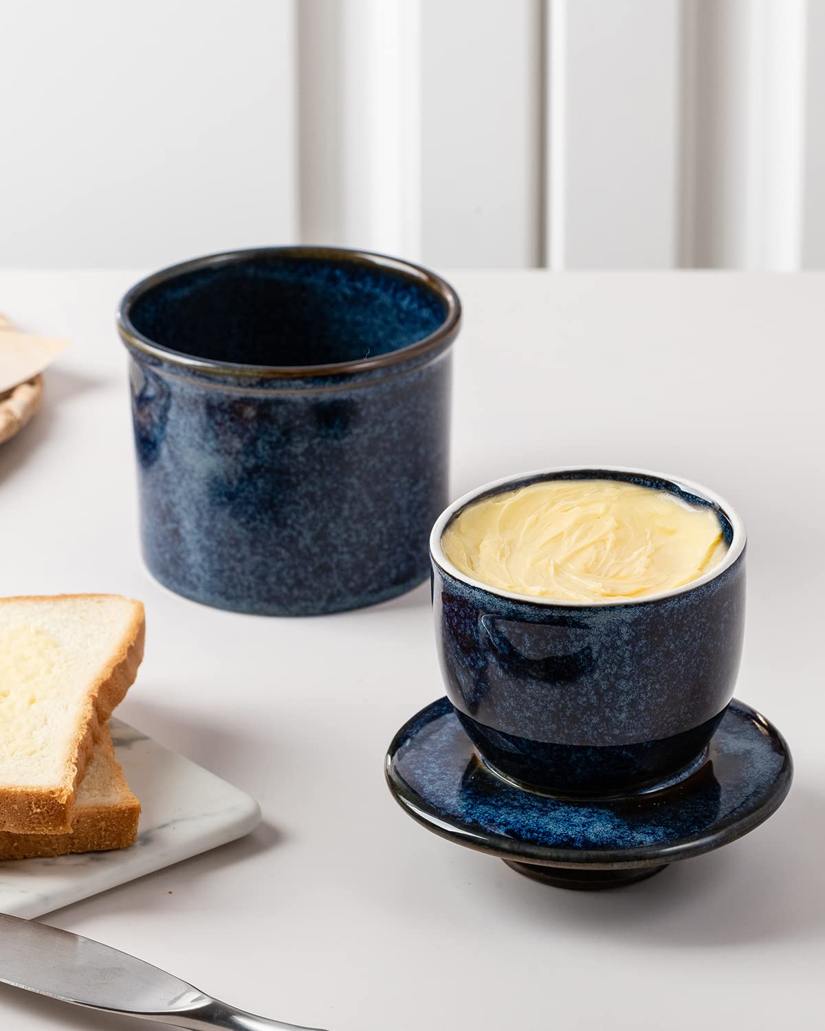 XELA Ceramic Butter Crock, The Original Reactive Glaze, Butter Dish with Water Line for Spreadable Fresh Butter - Kiln Turns Blue