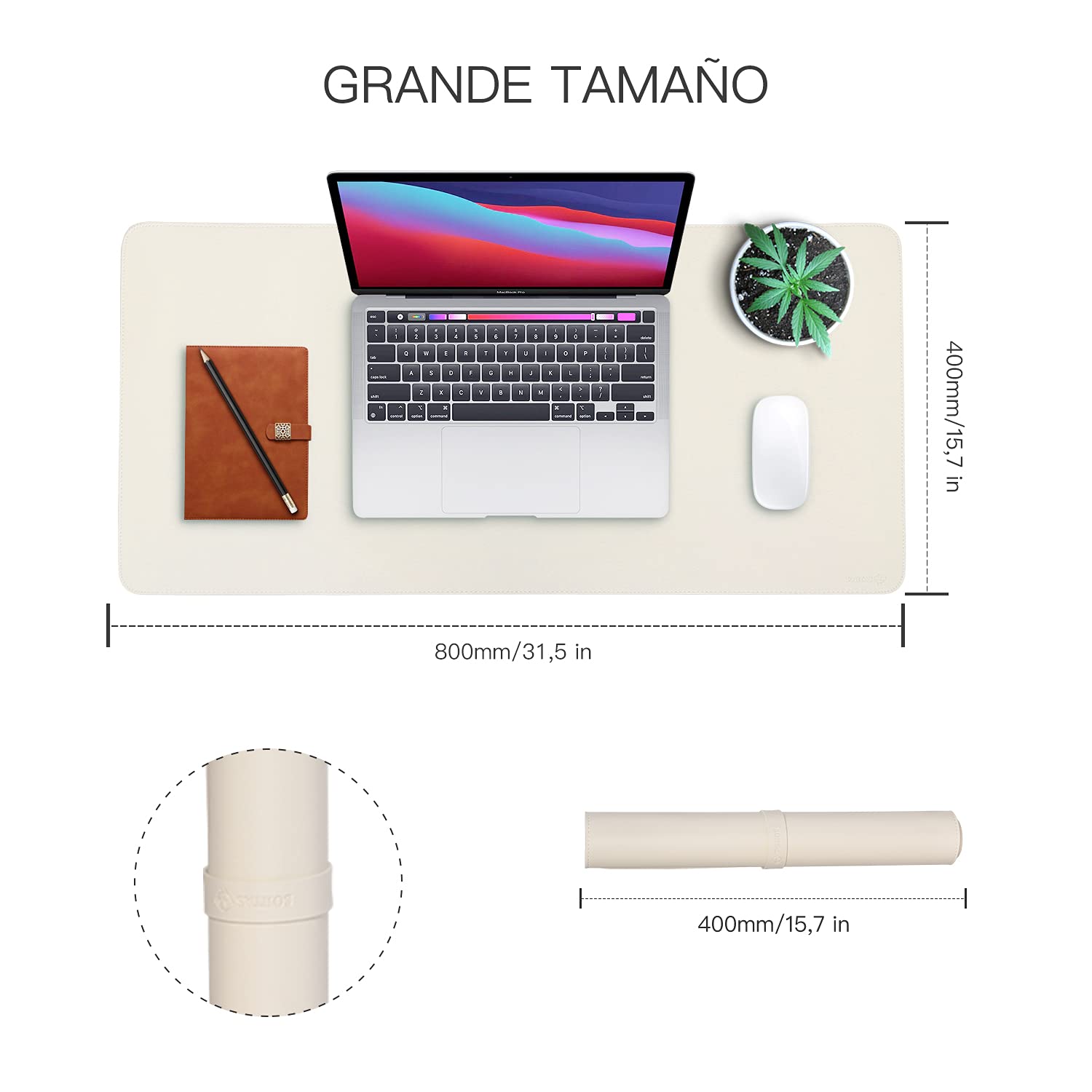 SOJITAS Non-Slip Desk Pad, Waterproof PU Leather Desk Mat, 31.5" x 15.7" Large Mouse Pad Double Sides Easy Clean for Office Home (Beige - Flocking)