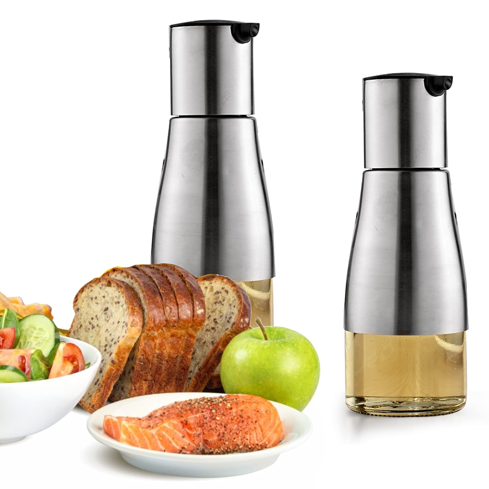 Tebery 300ml Silver Olive Oil & Vinegar Dispenser with Easy Pouring Spout, Stylish Stainless Steel with Glass Bottom, 300ml (Pack of 2)