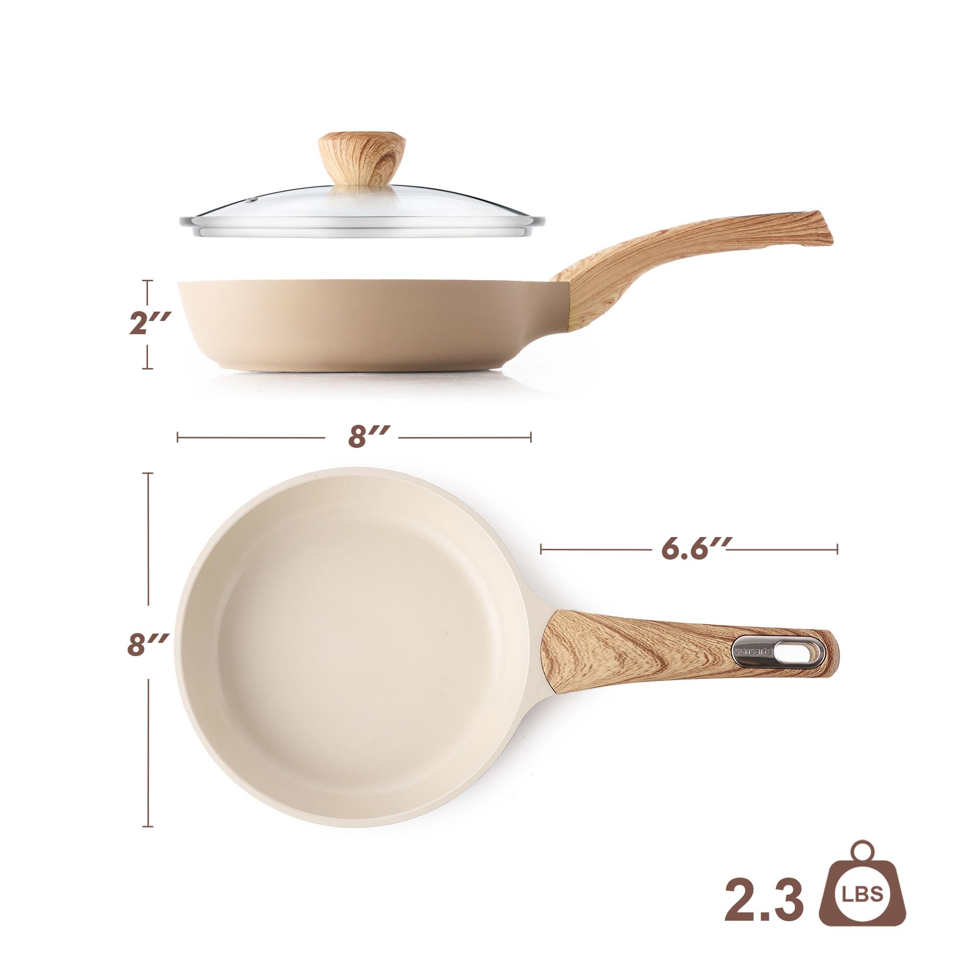 SENSARTE Ceramic Nonstick Frying Pan Skillet with Lid, 8/9.5/11/12.5 Inch Non Stick Pan Wok, Healthy Kitchen Cooking Sauté Pans, Free of Intentionally Added PFOA/PFAS/PTFE, Induction Compatible, Taupe