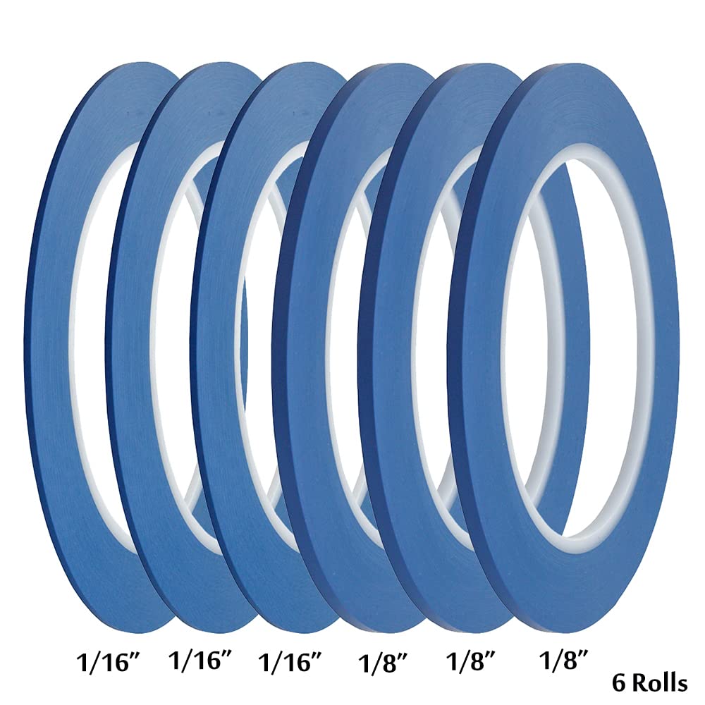 jinbing High-Temp Vinyl Fine Line Fineline Masking Tape Automotive Paint for Curves Blue (1/16 in +1/8 in Each 3Rolls)