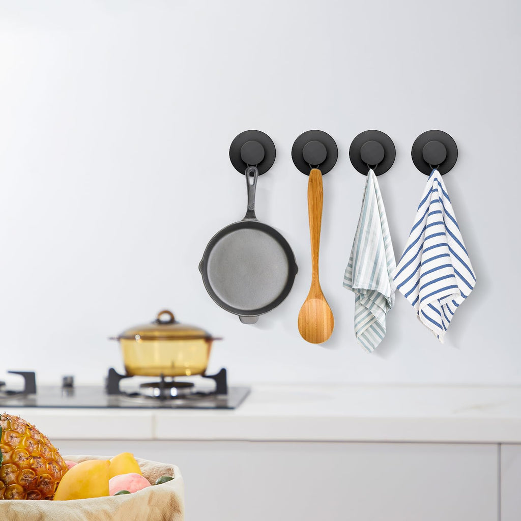 VEHHE Self-Adhesive Suction Cup Hooks, 4 Pack Waterproof Stainless Steel Shower Suction Hooks Weight Capacity 15lbs, Shower Hooks Suction for Wall, Kitchens, Glass, Mirrors (Black)