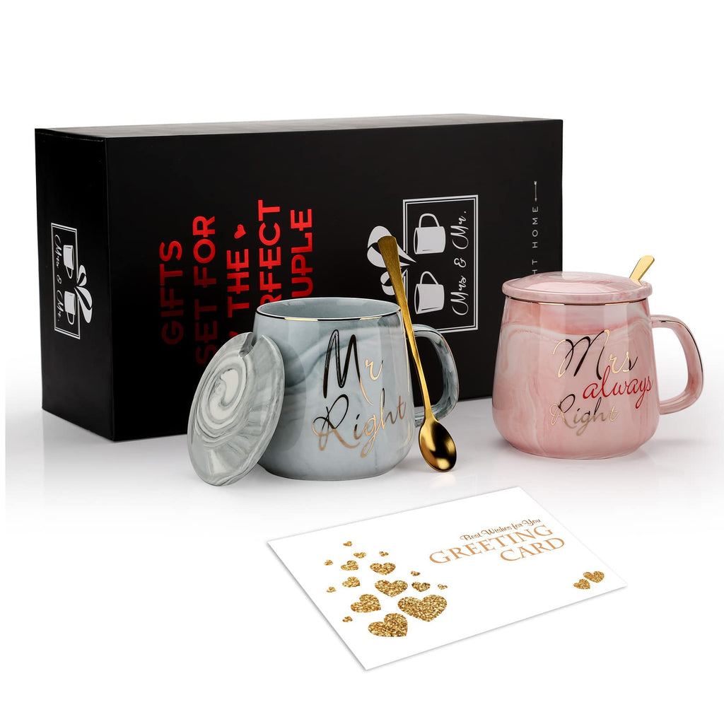 Mr and Mrs Couple Coffee Mugs - Best Wedding Gift Bridal Shower Engagement Gifts Set for Bride, Anniversary Birthday Valentine's Day Housewarming Gift Ideas, Unique 13.2 Oz Ceramic Marble Couple Gifts